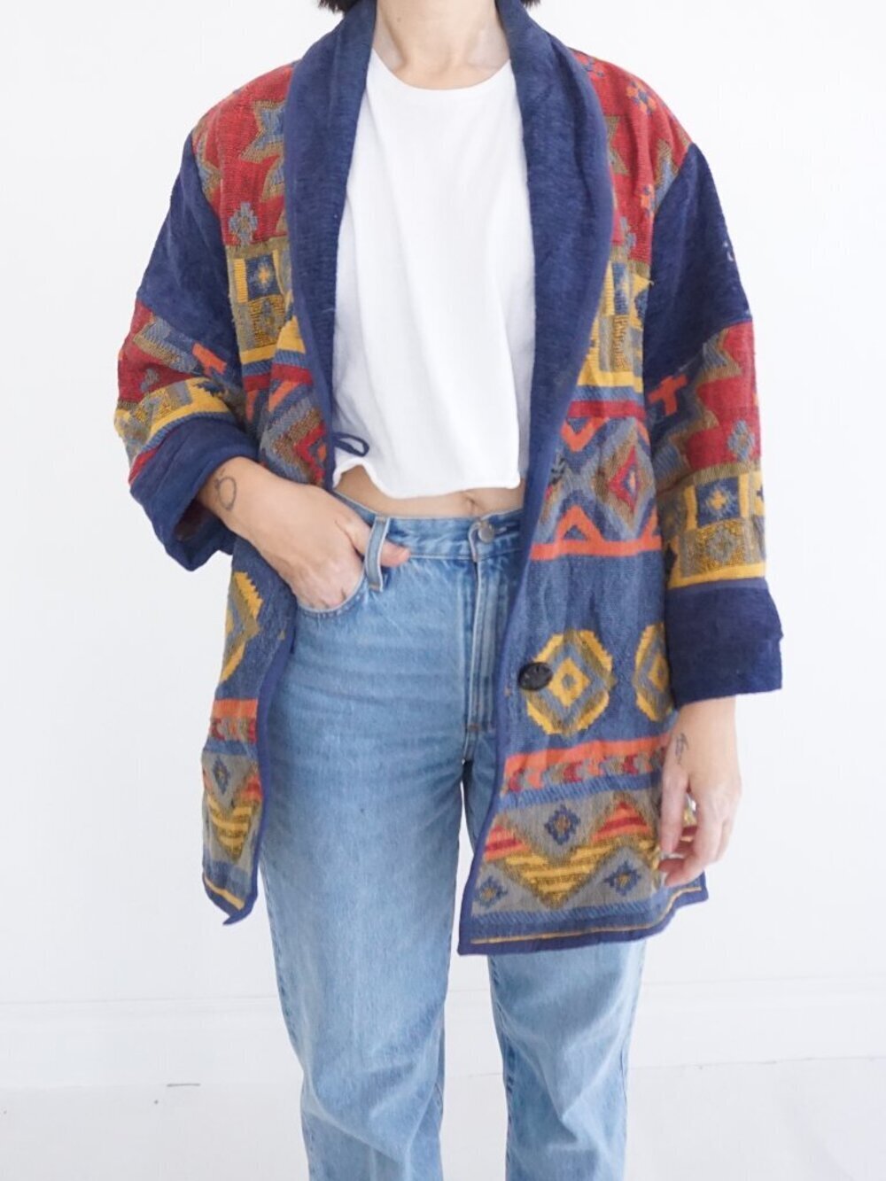 Vintage Anni Blue Red Geometric Aztec Print Tapestry Jacket Southwest Cotton L